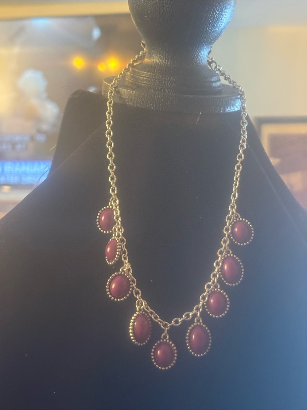 silver tone Chain Necklace with Deep Purple Oval Cabochons